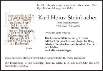 Traueranzeige von Karl Heinz Steinbacher von Echo-Zeitungen (Gesamtausgabe)