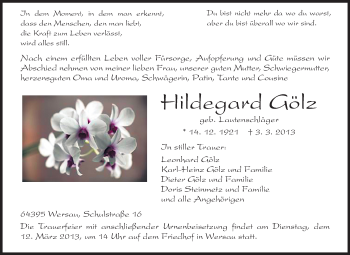 Traueranzeige von Hildegard Gölz von Odenwälder Echo
