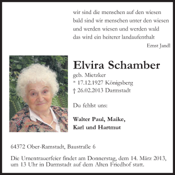 Traueranzeige von Elvira Schamber von Echo-Zeitungen (Gesamtausgabe)