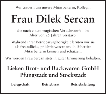 Traueranzeige von Dilek Sercan von Echo-Zeitungen (Gesamtausgabe)