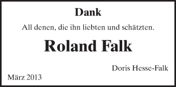 Traueranzeige von Roland Falk von Echo-Zeitungen (Gesamtausgabe)