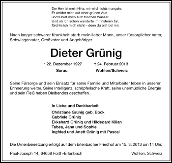 Traueranzeige von Dieter Grünig von Starkenburger Echo, Bergsträßer Anzeiger