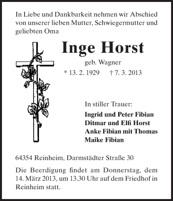 Traueranzeige von Inge Horst von Darmstädter Echo, Odenwälder Echo, Rüsselsheimer Echo, Groß-Gerauer-Echo, Ried Echo