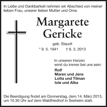Traueranzeige von Margarete Gericke von Echo-Zeitungen (Gesamtausgabe)