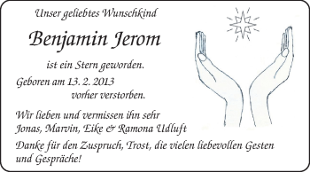Traueranzeige von Benjamin Jerom  von Echo-Zeitungen (Gesamtausgabe)