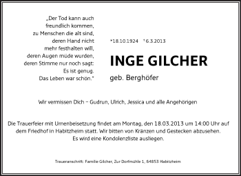Traueranzeige von Inge Gilcher von Echo-Zeitungen (Gesamtausgabe)