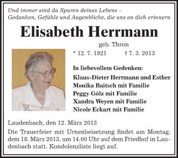 Traueranzeige von Elisabeth Herrmann von Starkenburger Echo