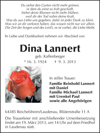 Traueranzeige von Dina Lannert von Odenwälder Echo