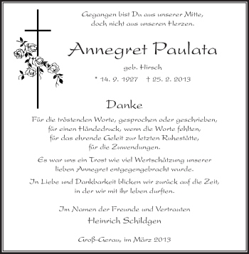 Traueranzeige von Annegret Paulata von Rüsselsheimer Echo, Groß-Gerauer-Echo, Ried Echo