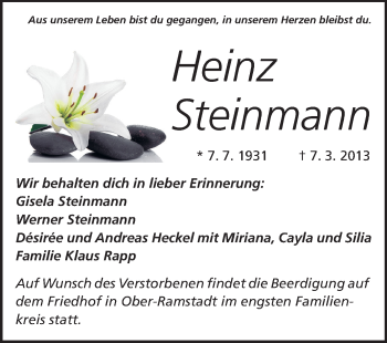Traueranzeige von Heinz Steinmann von Darmstädter Echo, Odenwälder Echo, Rüsselsheimer Echo, Groß-Gerauer-Echo, Ried Echo