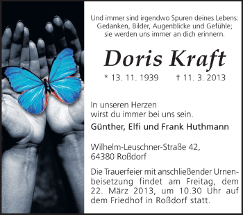 Traueranzeige von Doris Kraft von Echo-Zeitungen (Gesamtausgabe)