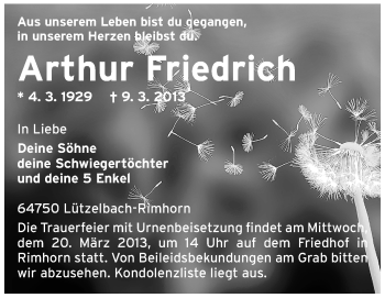 Traueranzeige von Arthur Friedrich von Odenwälder Echo