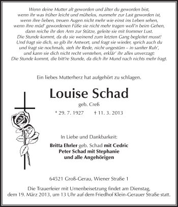 Traueranzeige von Louise Schad von Rüsselsheimer Echo, Groß-Gerauer-Echo, Ried Echo
