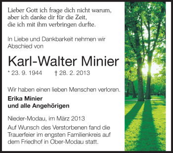 Traueranzeige von Karl-Walter Minier von Echo-Zeitungen (Gesamtausgabe)