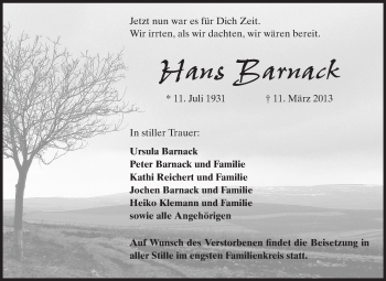 Traueranzeige von Hans Barnack von Odenwälder Echo