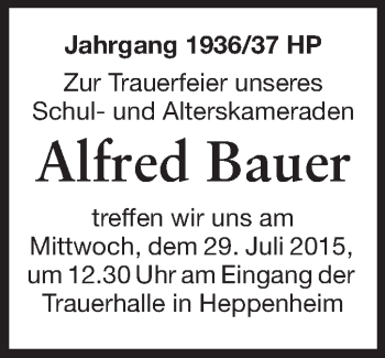 Traueranzeige von Alfred Bauer von Starkenburger Echo