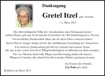 Traueranzeige von Gretel Itzel von Echo-Zeitungen (Gesamtausgabe)