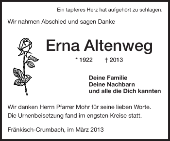 Traueranzeige von Erna Altenweg von Odenwälder Echo