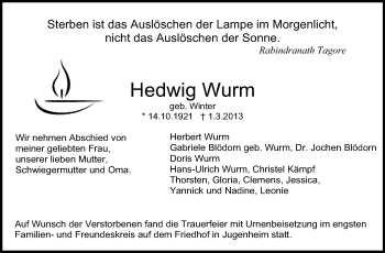 Traueranzeige von Hedwig Wurm von Echo-Zeitungen (Gesamtausgabe)