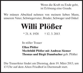 Traueranzeige von Willi Plößer von Echo-Zeitungen (Gesamtausgabe)