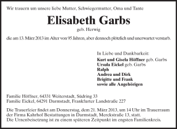 Traueranzeige von Elisabeth Garbs von Echo-Zeitungen (Gesamtausgabe)