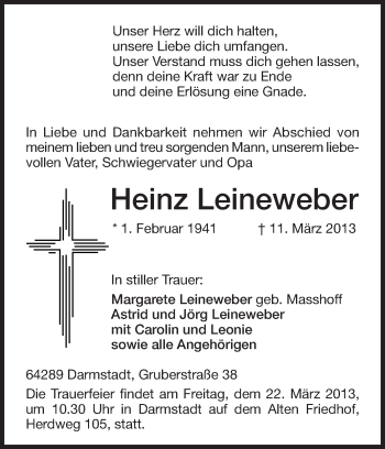 Traueranzeige von Heinz Leineweber von Darmstädter Echo, Odenwälder Echo, Rüsselsheimer Echo, Groß-Gerauer-Echo, Ried Echo