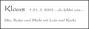 Traueranzeige von Klaus  von Darmstädter Echo, Odenwälder Echo, Rüsselsheimer Echo, Groß-Gerauer-Echo, Ried Echo
