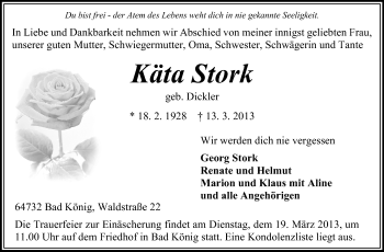 Traueranzeige von Käta Stork von Echo-Zeitungen (Gesamtausgabe)