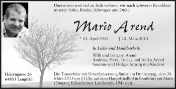 Traueranzeige von Mario Arend von Echo-Zeitungen (Gesamtausgabe)