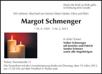 Traueranzeige von Margot Schmenger von Rüsselsheimer Echo, Groß-Gerauer-Echo, Ried Echo