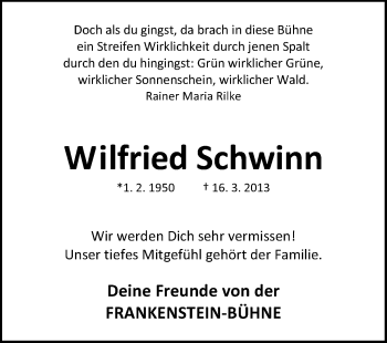 Traueranzeige von Wilfried Schwinn von Echo-Zeitungen (Gesamtausgabe)