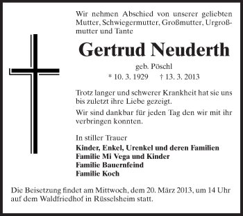 Traueranzeige von Gertrud Neuderth von Rüsselsheimer Echo, Groß-Gerauer-Echo, Ried Echo