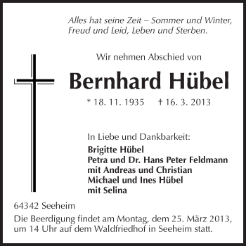 Traueranzeige von Bernhard Hübel von Echo-Zeitungen (Gesamtausgabe)