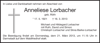Traueranzeige von Anneliese Lorbacher von Echo-Zeitungen (Gesamtausgabe)