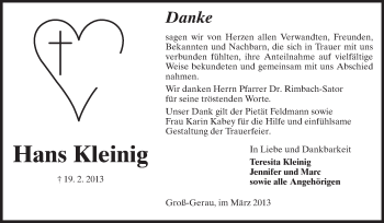 Traueranzeige von Hans Kleinig von Rüsselsheimer Echo, Groß-Gerauer-Echo, Ried Echo