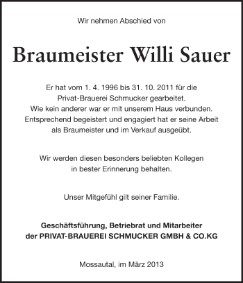 Traueranzeige von Willi Sauer von Echo-Zeitungen (Gesamtausgabe)