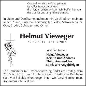 Traueranzeige von Helmut Vieweger von Echo-Zeitungen (Gesamtausgabe)