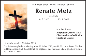 Traueranzeige von Renate Metz von Starkenburger Echo