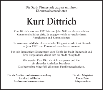 Traueranzeige von Kurt Dittrich von Echo-Zeitungen (Gesamtausgabe)
