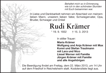 Traueranzeige von Rudi Krämer von Odenwälder Echo