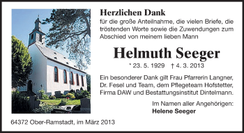 Traueranzeige von Helmuth Seeger von Echo-Zeitungen (Gesamtausgabe)