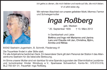Traueranzeige von Inga Roßberg von Echo-Zeitungen (Gesamtausgabe)