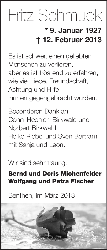Traueranzeige von Fritz Schmuck von Rüsselsheimer Echo, Groß-Gerauer-Echo, Ried Echo