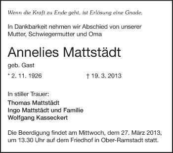 Traueranzeige von Annelies Mattstädt von Darmstädter Echo, Odenwälder Echo, Rüsselsheimer Echo, Groß-Gerauer-Echo, Ried Echo