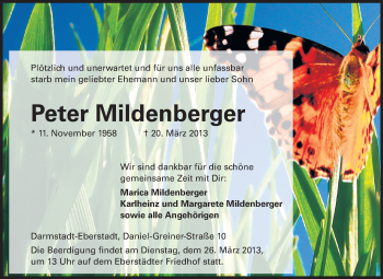 Traueranzeige von Peter Mildenberger  von Echo-Zeitungen (Gesamtausgabe)