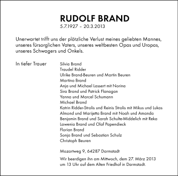 Traueranzeige von Rudolf Brand von Echo-Zeitungen (Gesamtausgabe)