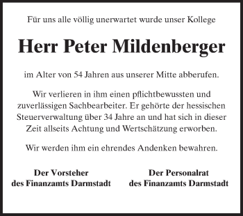 Traueranzeige von Peter Mildenberger  von Echo-Zeitungen (Gesamtausgabe)