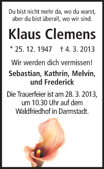 Traueranzeige von Klaus Clemens von Echo-Zeitungen (Gesamtausgabe)