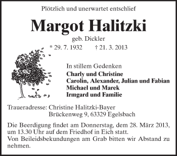Traueranzeige von Margot Halitzki von Echo-Zeitungen (Gesamtausgabe)