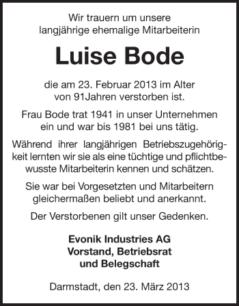 Traueranzeige von Luise Bode von Echo-Zeitungen (Gesamtausgabe)